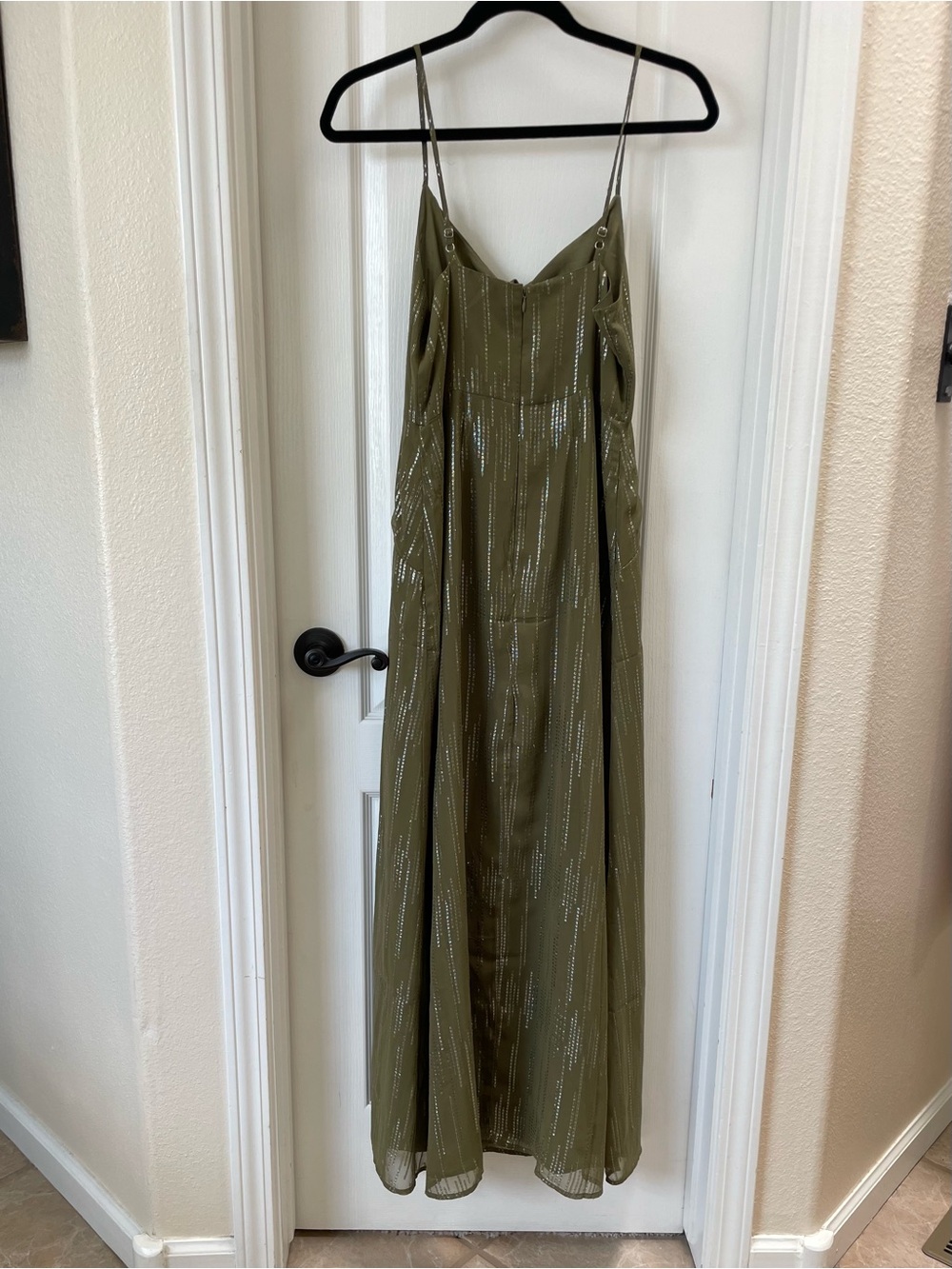 EXPRESS Olive Green Spaghetti Strap Maxi Dress with Sequin Detail Size Small - Picture 4 of 7